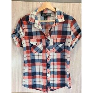 Polly Esther Plaid Shirt L – Red Blue Check, Short Sleeve Button-Up